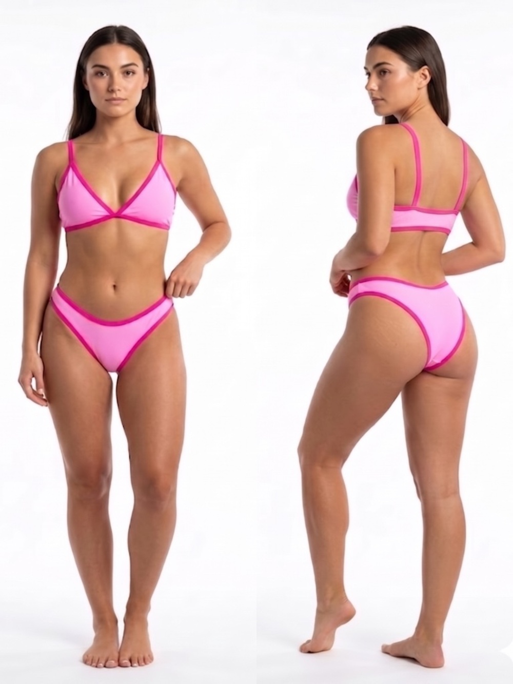 Women's Neon Pink 2 Piece Bikini Set High Cut Leg Triangle Top Swimsuit Small